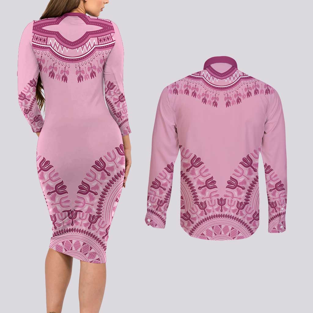 Dashiki Glamorous Pink Couples Matching Long Sleeve Bodycon Dress and Long Sleeve Button Shirt Breast Cancer Awareness - Wonder Print Shop