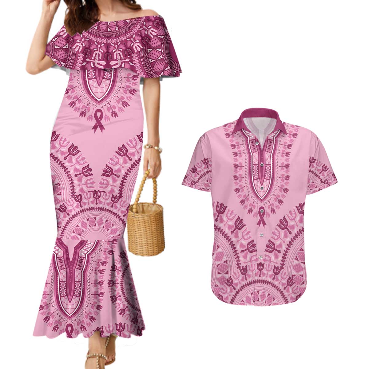 Dashiki Glamorous Pink Couples Matching Mermaid Dress and Hawaiian Shirt Breast Cancer Awareness - Wonder Print Shop