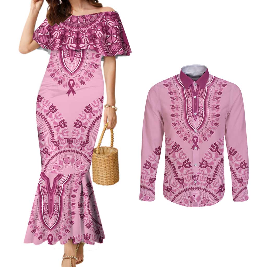 Dashiki Glamorous Pink Couples Matching Mermaid Dress and Long Sleeve Button Shirt Breast Cancer Awareness - Wonder Print Shop