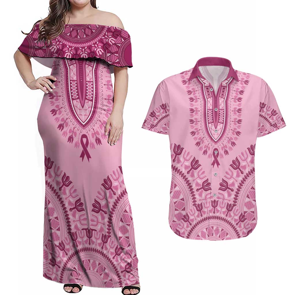 Dashiki Glamorous Pink Couples Matching Off Shoulder Maxi Dress and Hawaiian Shirt Breast Cancer Awareness - Wonder Print Shop