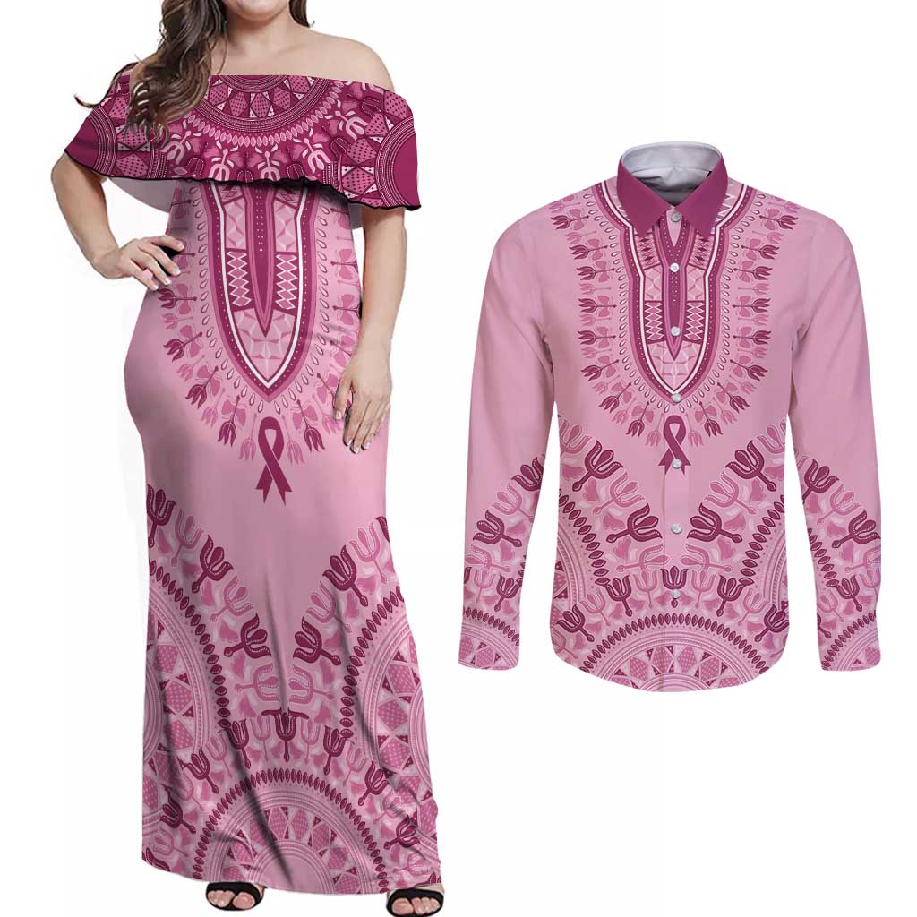 Dashiki Glamorous Pink Couples Matching Off Shoulder Maxi Dress and Long Sleeve Button Shirt Breast Cancer Awareness - Wonder Print Shop