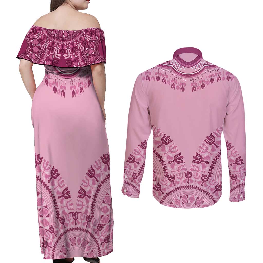 Dashiki Glamorous Pink Couples Matching Off Shoulder Maxi Dress and Long Sleeve Button Shirt Breast Cancer Awareness - Wonder Print Shop