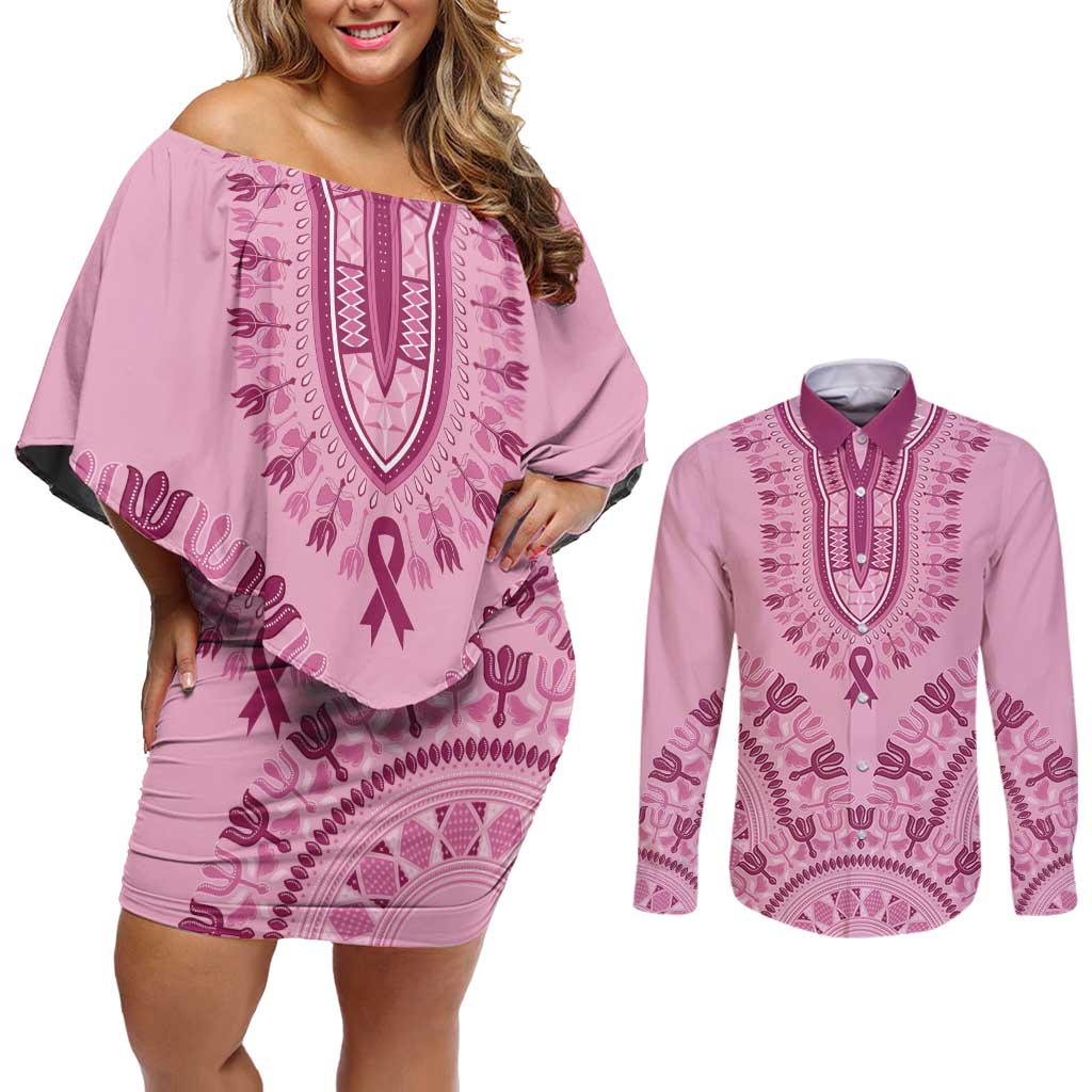 Dashiki Glamorous Pink Couples Matching Off Shoulder Short Dress and Long Sleeve Button Shirt Breast Cancer Awareness - Wonder Print Shop