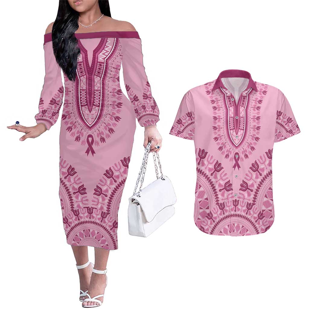 Dashiki Glamorous Pink Couples Matching Off The Shoulder Long Sleeve Dress and Hawaiian Shirt Breast Cancer Awareness - Wonder Print Shop