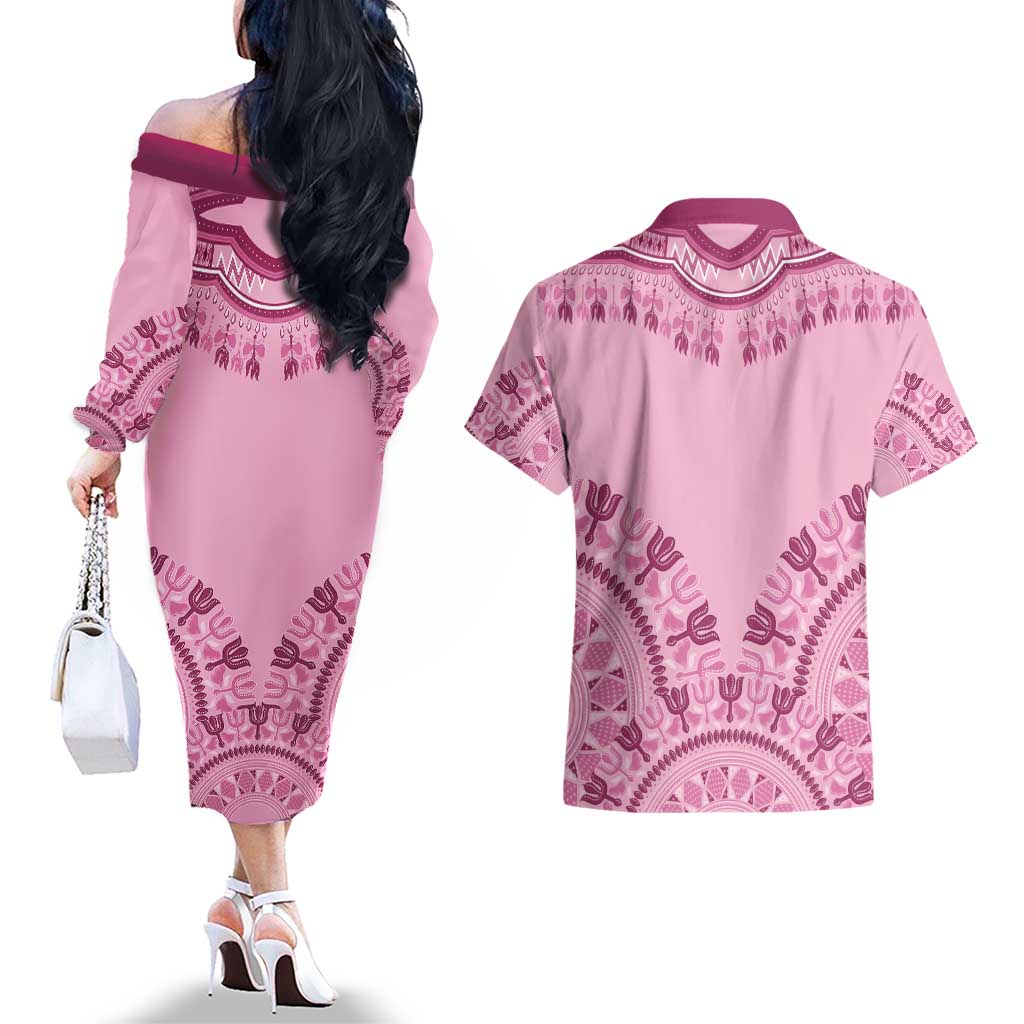 Dashiki Glamorous Pink Couples Matching Off The Shoulder Long Sleeve Dress and Hawaiian Shirt Breast Cancer Awareness - Wonder Print Shop