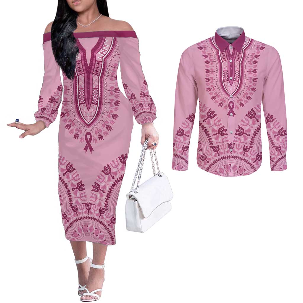 Dashiki Glamorous Pink Couples Matching Off The Shoulder Long Sleeve Dress and Long Sleeve Button Shirt Breast Cancer Awareness - Wonder Print Shop