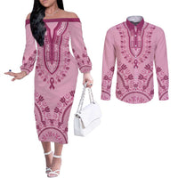 Dashiki Glamorous Pink Couples Matching Off The Shoulder Long Sleeve Dress and Long Sleeve Button Shirt Breast Cancer Awareness - Wonder Print Shop