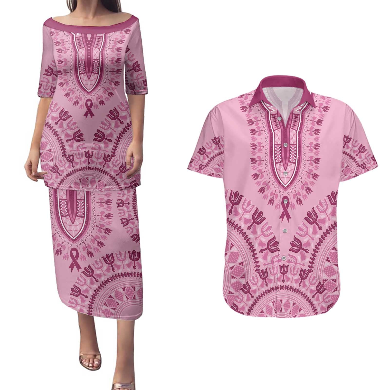 Dashiki Glamorous Pink Couples Matching Puletasi and Hawaiian Shirt Breast Cancer Awareness - Wonder Print Shop