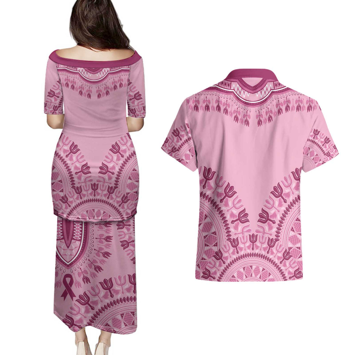Dashiki Glamorous Pink Couples Matching Puletasi and Hawaiian Shirt Breast Cancer Awareness - Wonder Print Shop