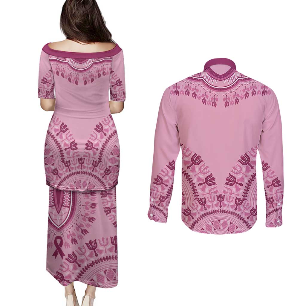 Dashiki Glamorous Pink Couples Matching Puletasi and Long Sleeve Button Shirt Breast Cancer Awareness - Wonder Print Shop