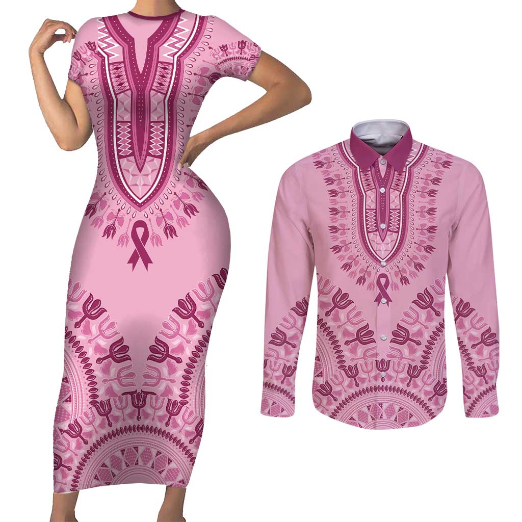 Dashiki Glamorous Pink Couples Matching Short Sleeve Bodycon Dress and Long Sleeve Button Shirt Breast Cancer Awareness - Wonder Print Shop