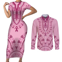 Dashiki Glamorous Pink Couples Matching Short Sleeve Bodycon Dress and Long Sleeve Button Shirt Breast Cancer Awareness - Wonder Print Shop