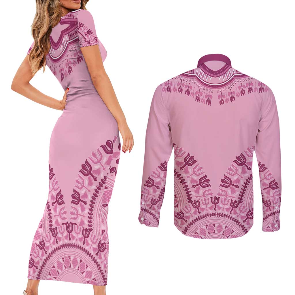 Dashiki Glamorous Pink Couples Matching Short Sleeve Bodycon Dress and Long Sleeve Button Shirt Breast Cancer Awareness - Wonder Print Shop