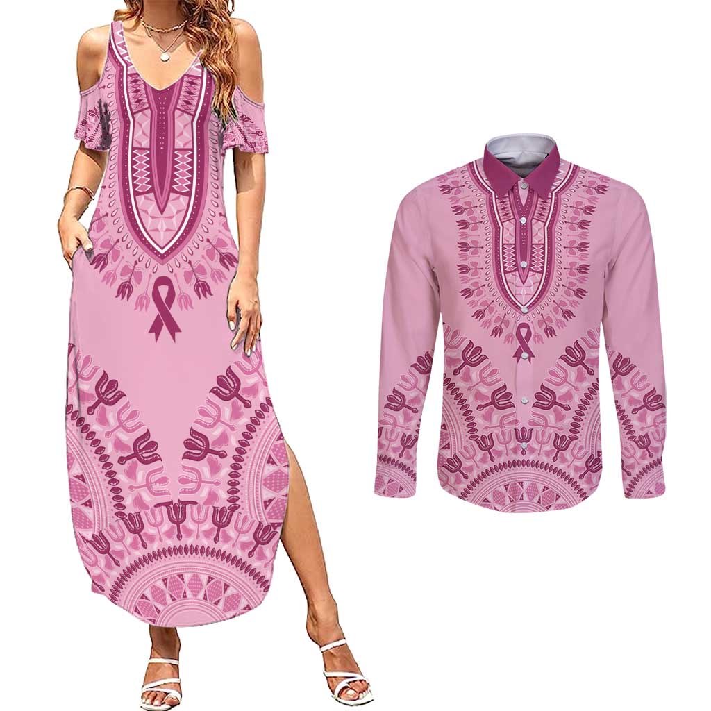 Dashiki Glamorous Pink Couples Matching Summer Maxi Dress and Long Sleeve Button Shirt Breast Cancer Awareness - Wonder Print Shop