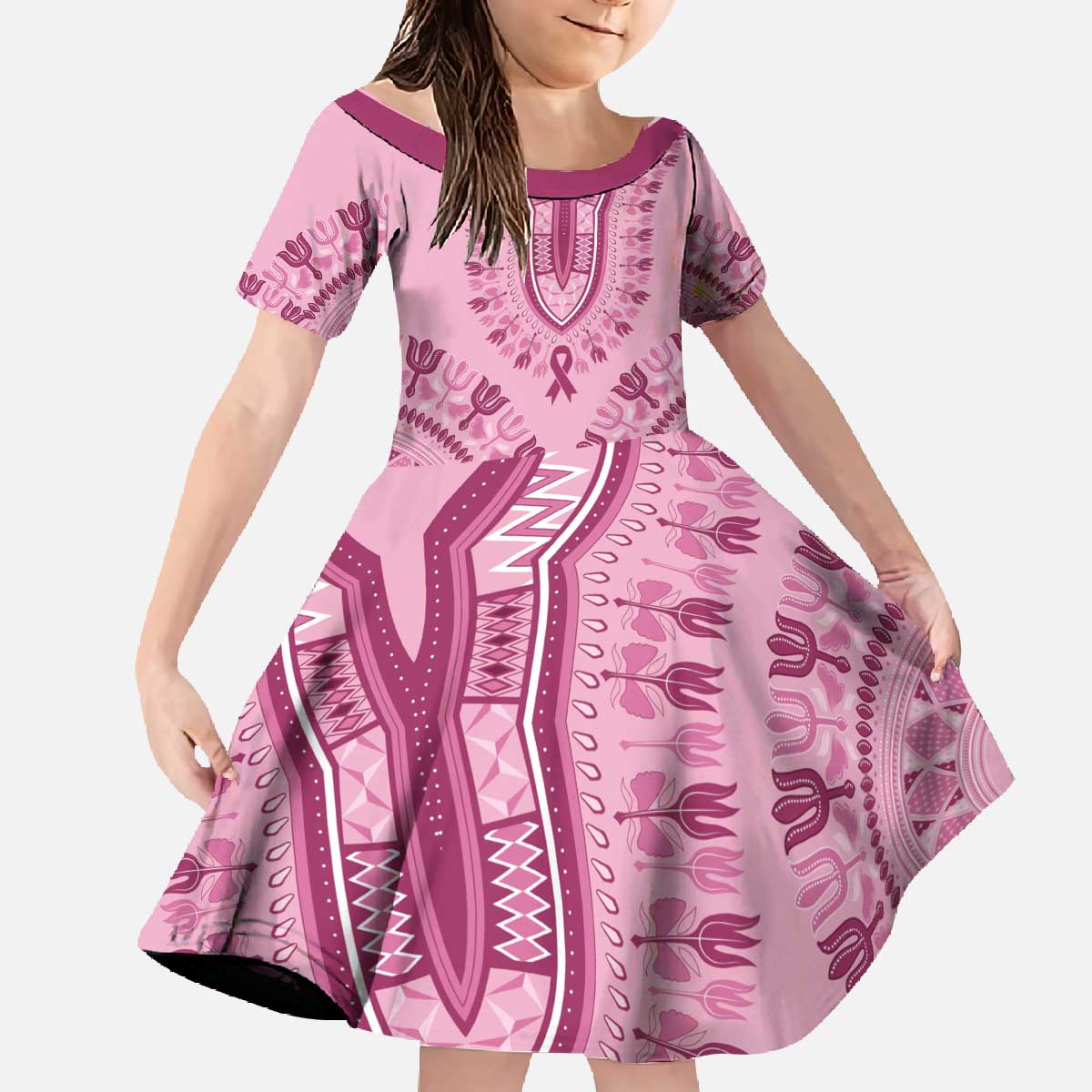 Dashiki Glamorous Pink Family Matching Off The Shoulder Long Sleeve Dress and Hawaiian Shirt Breast Cancer Awareness - Wonder Print Shop
