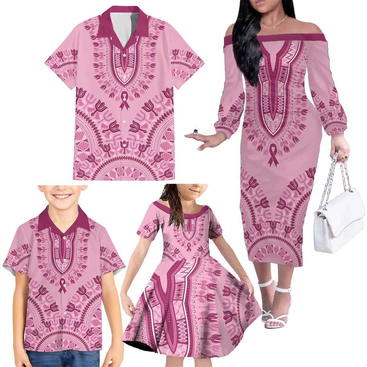 Dashiki Glamorous Pink Family Matching Off The Shoulder Long Sleeve Dress and Hawaiian Shirt Breast Cancer Awareness - Wonder Print Shop