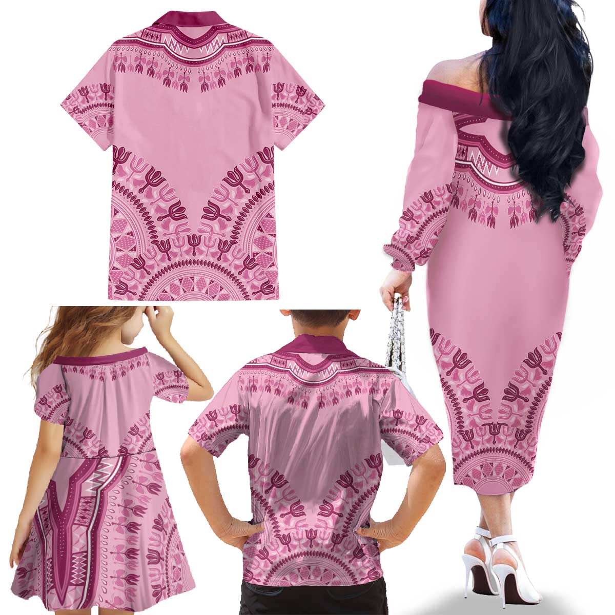 Dashiki Glamorous Pink Family Matching Off The Shoulder Long Sleeve Dress and Hawaiian Shirt Breast Cancer Awareness - Wonder Print Shop