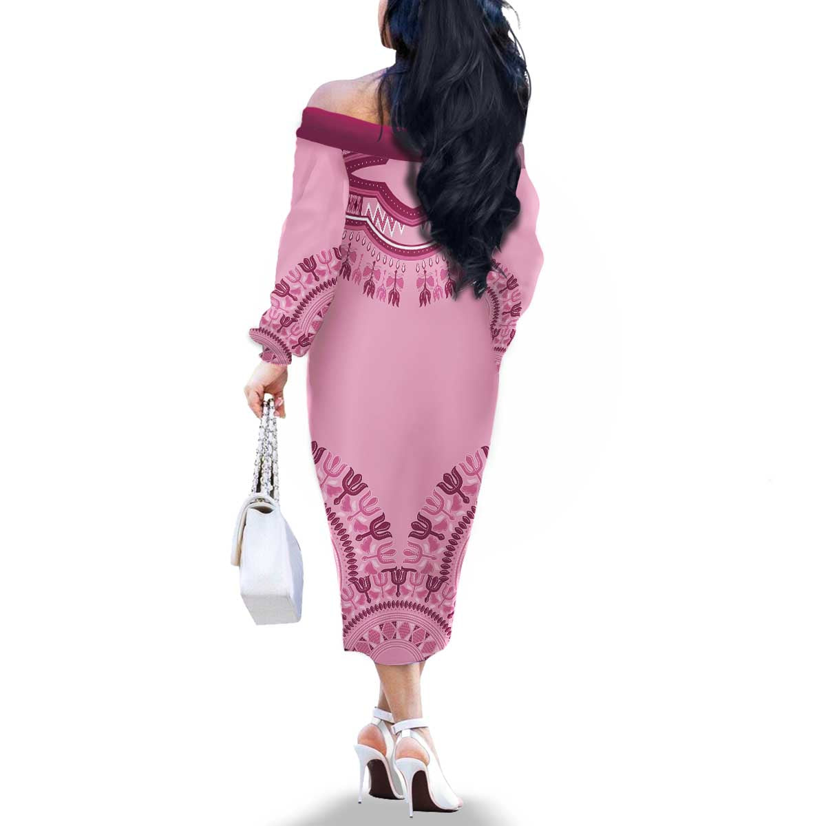 Dashiki Glamorous Pink Family Matching Off The Shoulder Long Sleeve Dress and Hawaiian Shirt Breast Cancer Awareness - Wonder Print Shop