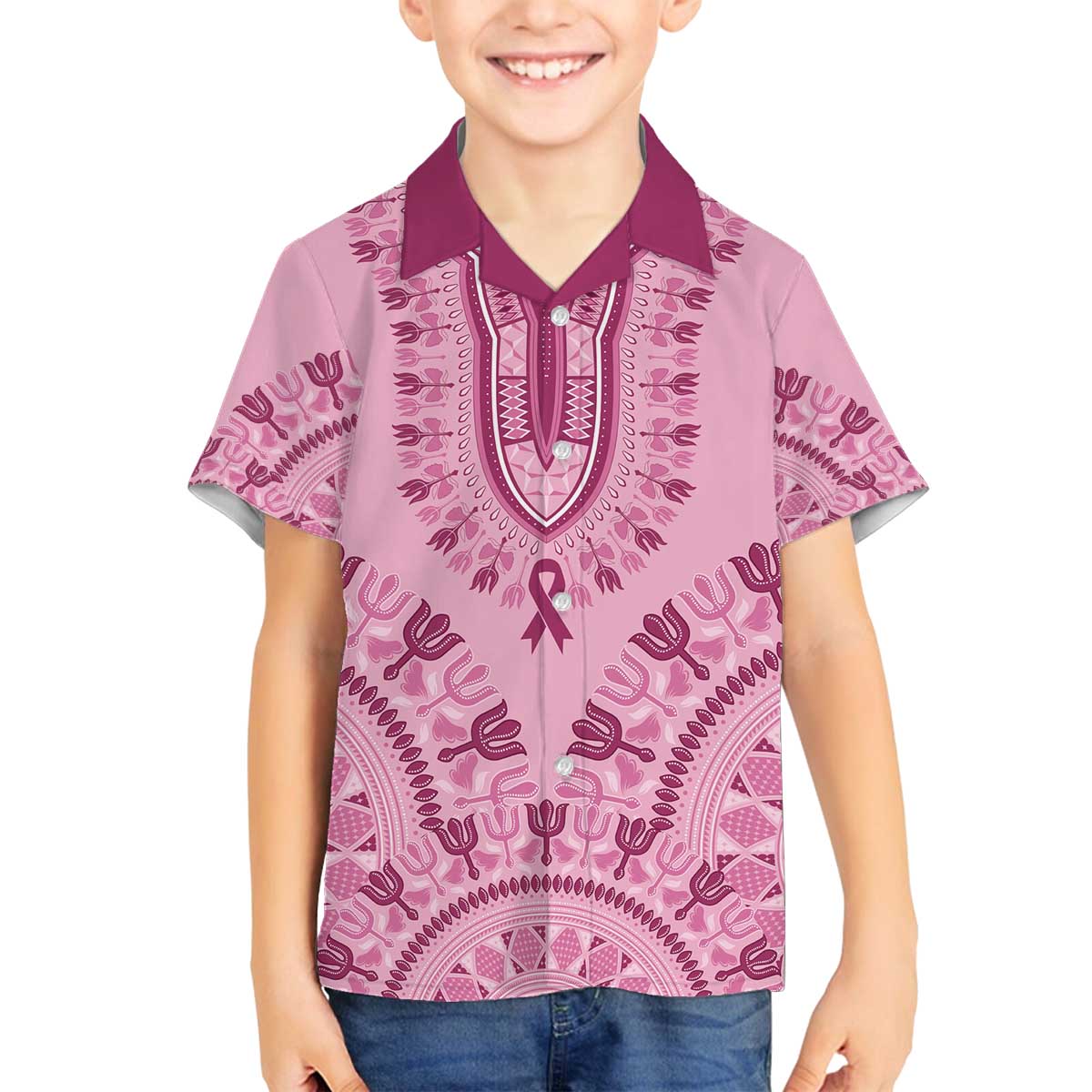 Dashiki Glamorous Pink Family Matching Off The Shoulder Long Sleeve Dress and Hawaiian Shirt Breast Cancer Awareness - Wonder Print Shop