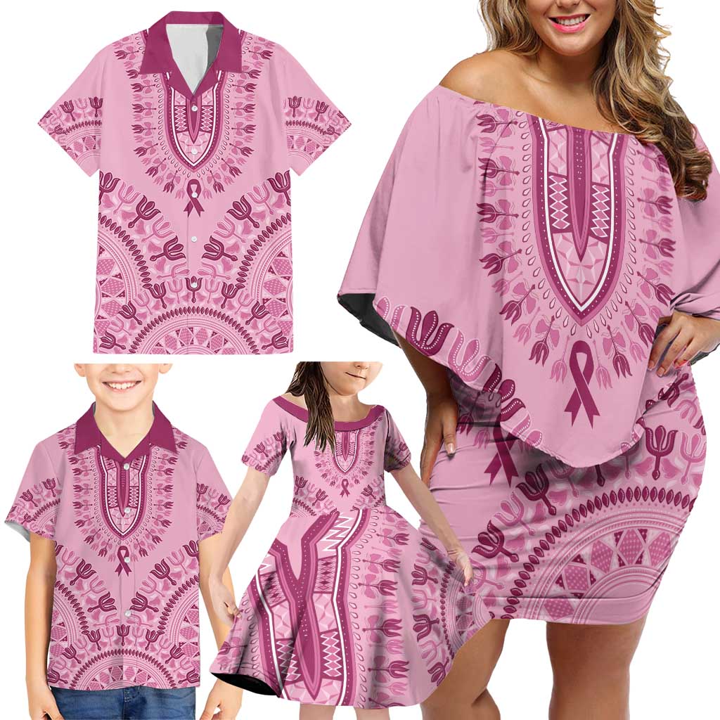 Dashiki Glamorous Pink Family Matching Off Shoulder Short Dress and Hawaiian Shirt Breast Cancer Awareness - Wonder Print Shop