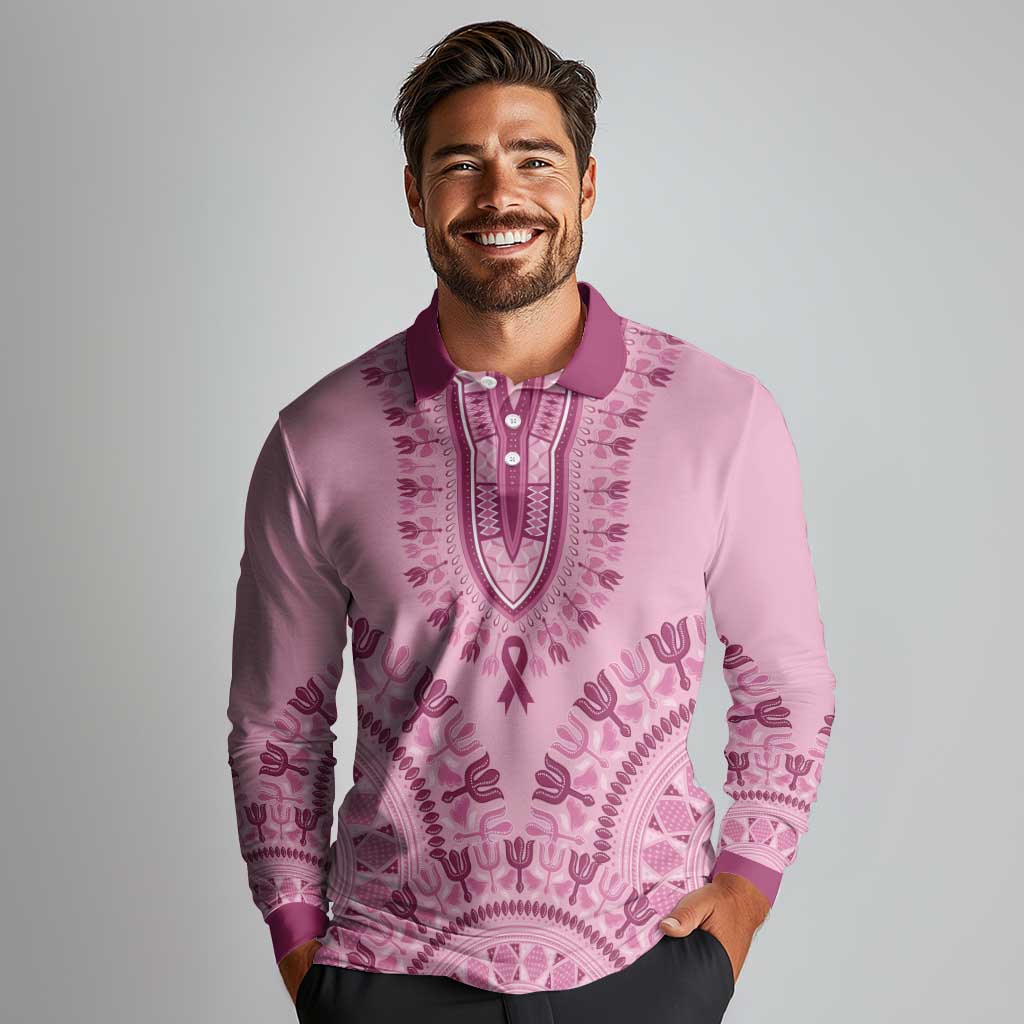 Dashiki Glamorous Pink Long Sleeve Polo Shirt Breast Cancer Awareness - Wonder Print Shop