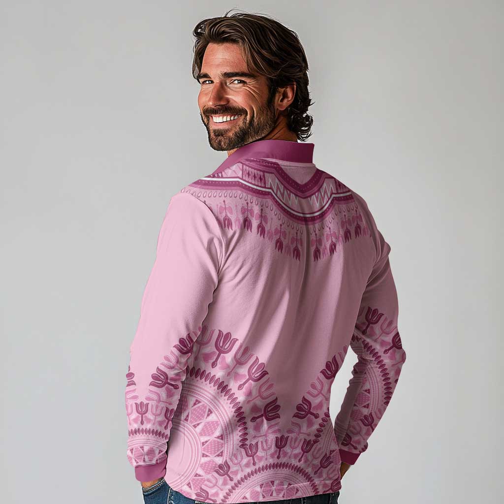 Dashiki Glamorous Pink Long Sleeve Polo Shirt Breast Cancer Awareness - Wonder Print Shop