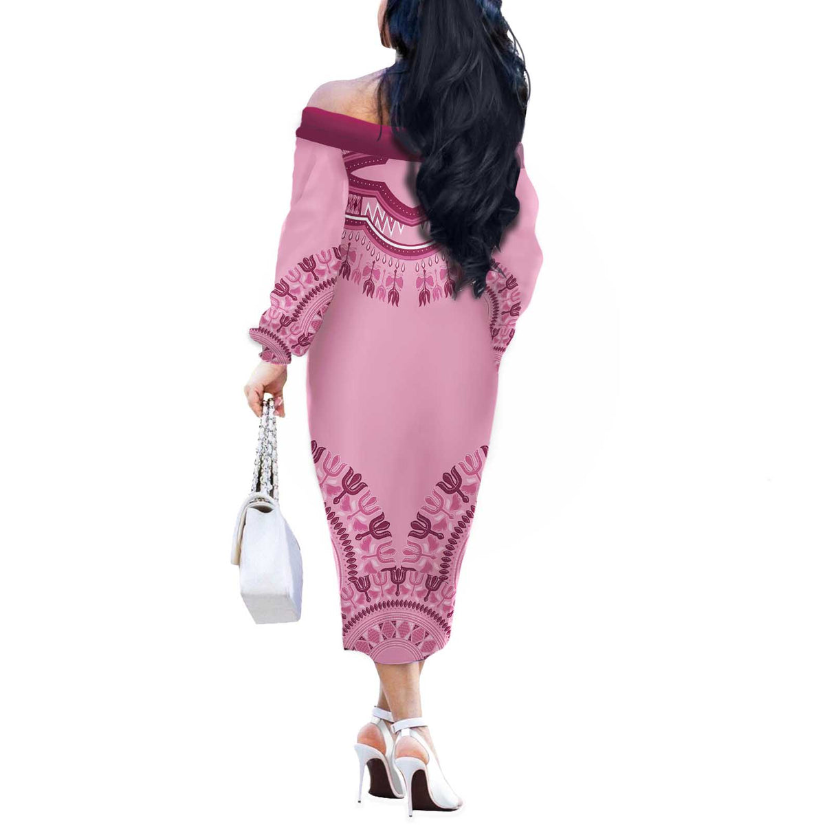 Dashiki Glamorous Pink Off The Shoulder Long Sleeve Dress Breast Cancer Awareness - Wonder Print Shop