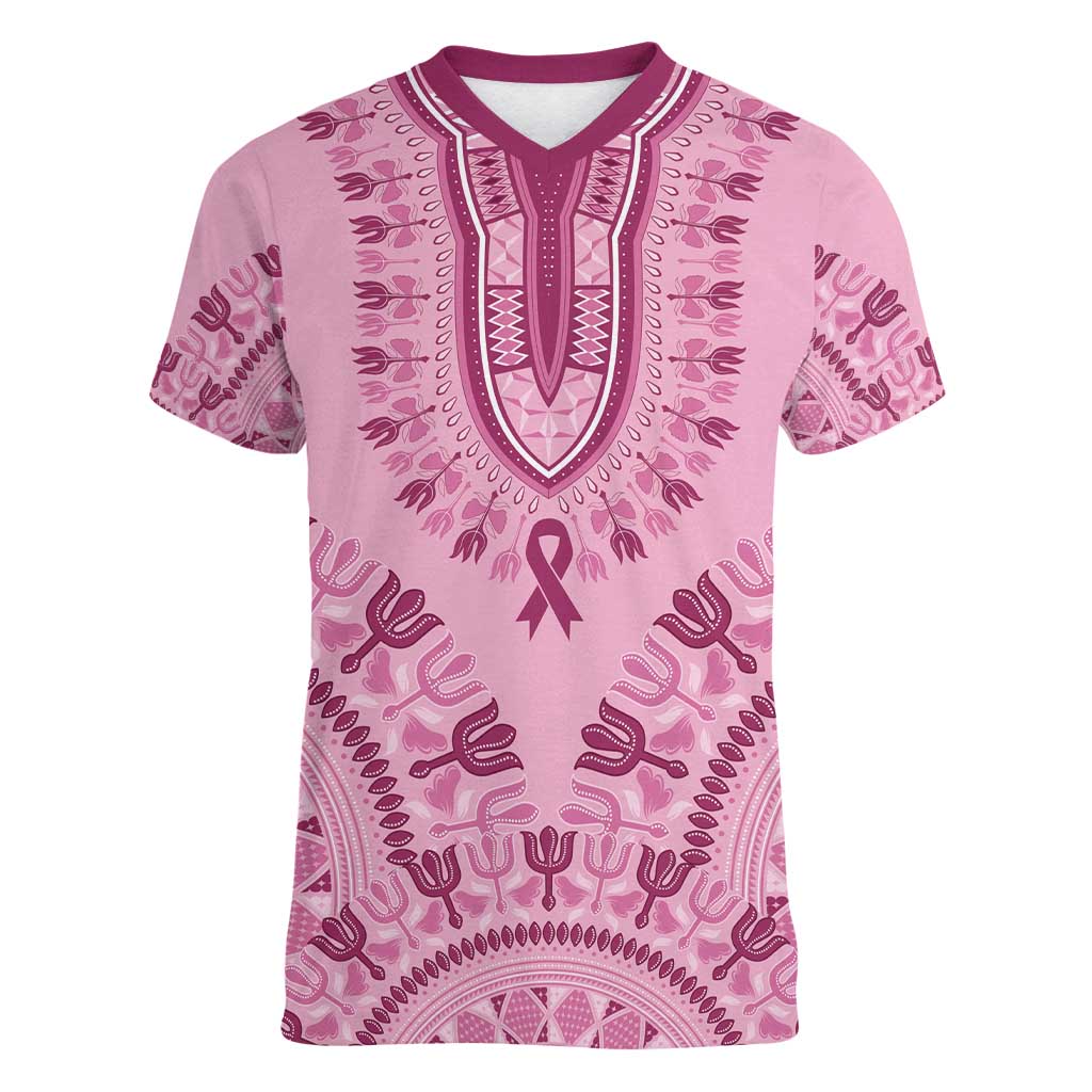 Dashiki Glamorous Pink Women V-Neck T-Shirt Breast Cancer Awareness - Wonder Print Shop