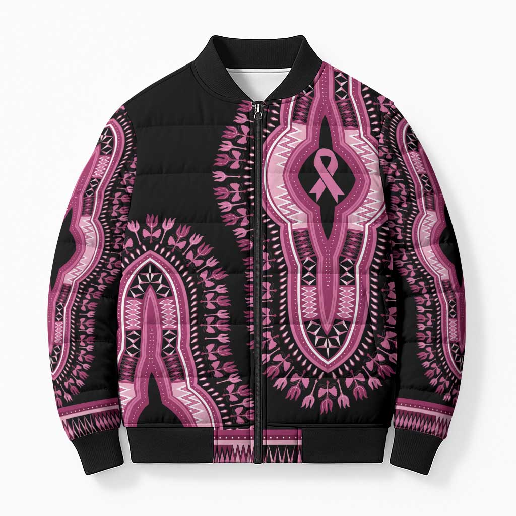 Breast Cancer Awareness Pink Ribbon Bomber Puffer Jacket Dashiki Style - Wonder Print Shop