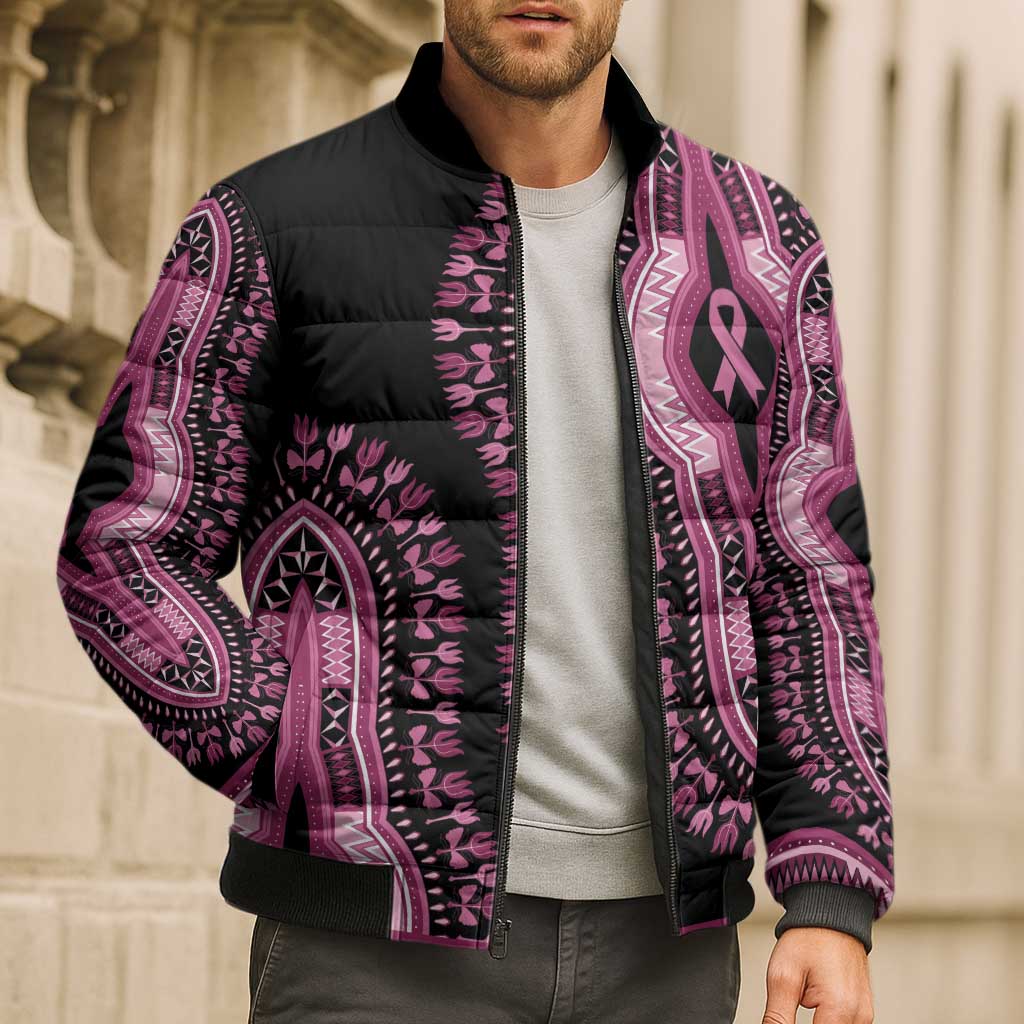 Breast Cancer Awareness Pink Ribbon Bomber Puffer Jacket Dashiki Style - Wonder Print Shop