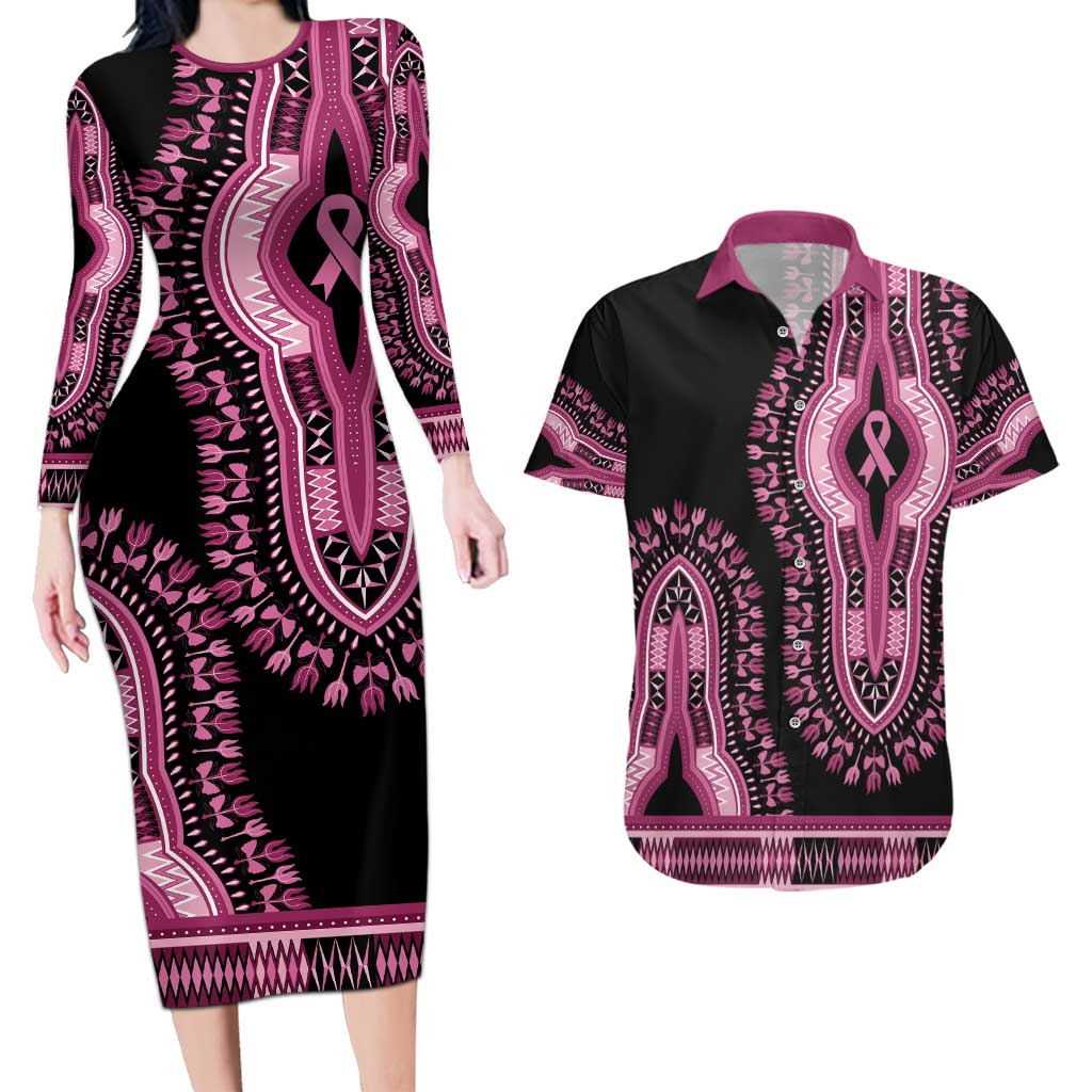 Breast Cancer Awareness Pink Ribbon Couples Matching Long Sleeve Bodycon Dress and Hawaiian Shirt Dashiki Style - Wonder Print Shop