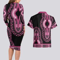 Breast Cancer Awareness Pink Ribbon Couples Matching Long Sleeve Bodycon Dress and Hawaiian Shirt Dashiki Style - Wonder Print Shop