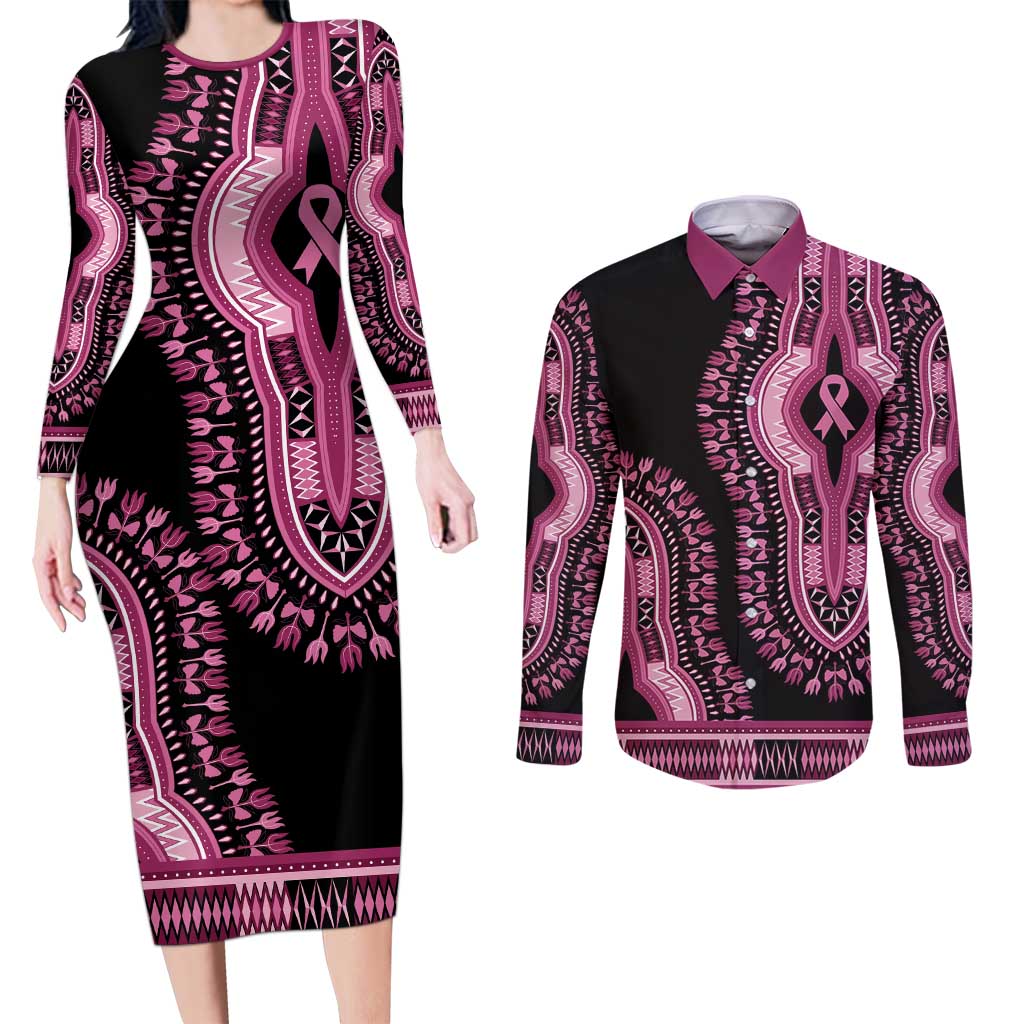 Breast Cancer Awareness Pink Ribbon Couples Matching Long Sleeve Bodycon Dress and Long Sleeve Button Shirt Dashiki Style - Wonder Print Shop