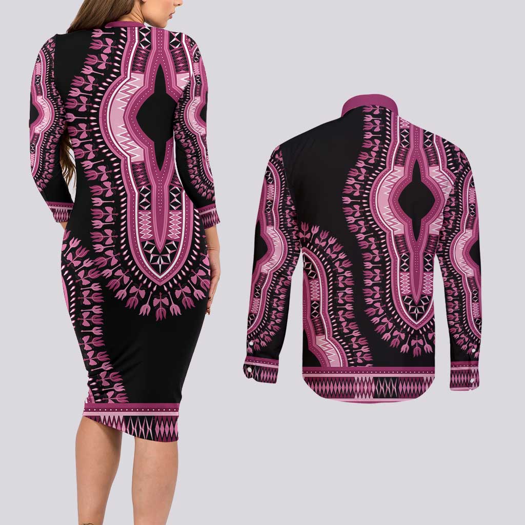 Breast Cancer Awareness Pink Ribbon Couples Matching Long Sleeve Bodycon Dress and Long Sleeve Button Shirt Dashiki Style - Wonder Print Shop