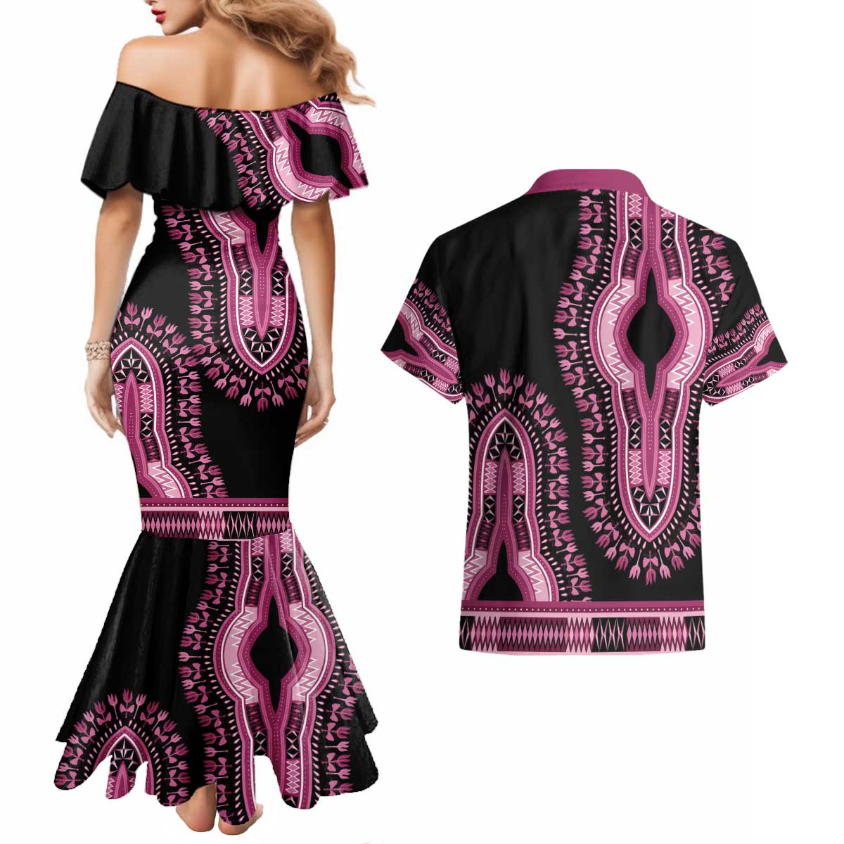 Breast Cancer Awareness Pink Ribbon Couples Matching Mermaid Dress and Hawaiian Shirt Dashiki Style - Wonder Print Shop