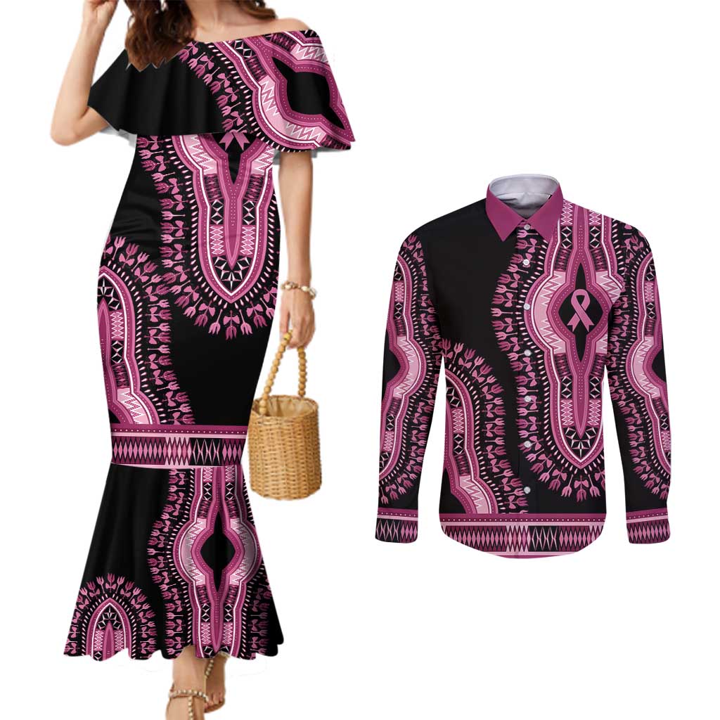 Breast Cancer Awareness Pink Ribbon Couples Matching Mermaid Dress and Long Sleeve Button Shirt Dashiki Style - Wonder Print Shop