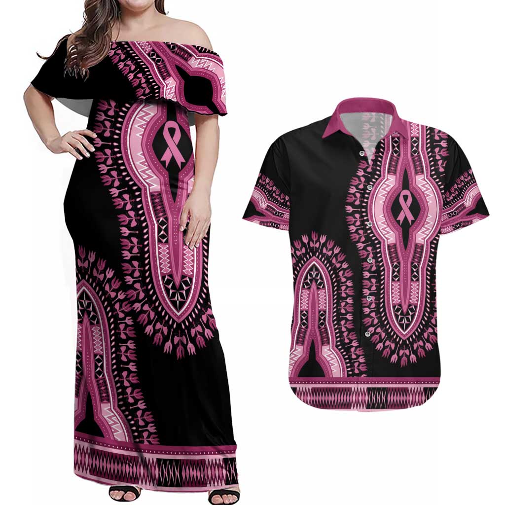 Breast Cancer Awareness Pink Ribbon Couples Matching Off Shoulder Maxi Dress and Hawaiian Shirt Dashiki Style - Wonder Print Shop