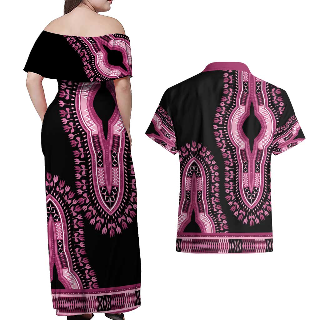 Breast Cancer Awareness Pink Ribbon Couples Matching Off Shoulder Maxi Dress and Hawaiian Shirt Dashiki Style - Wonder Print Shop