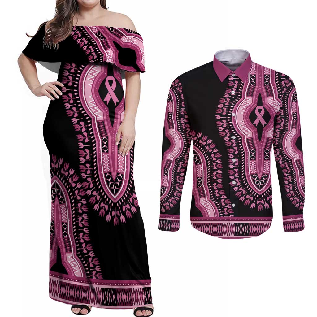Breast Cancer Awareness Pink Ribbon Couples Matching Off Shoulder Maxi Dress and Long Sleeve Button Shirt Dashiki Style - Wonder Print Shop