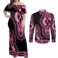 Breast Cancer Awareness Pink Ribbon Couples Matching Off Shoulder Maxi Dress and Long Sleeve Button Shirt Dashiki Style - Wonder Print Shop
