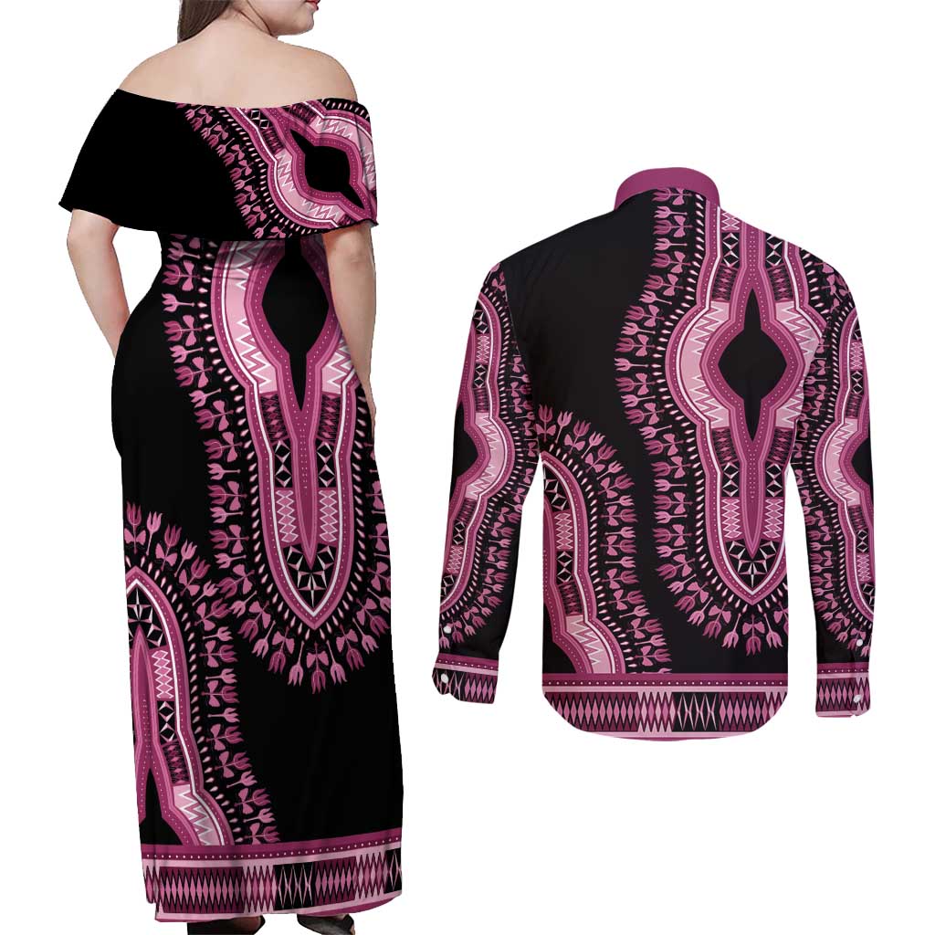 Breast Cancer Awareness Pink Ribbon Couples Matching Off Shoulder Maxi Dress and Long Sleeve Button Shirt Dashiki Style - Wonder Print Shop
