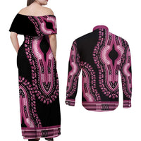 Breast Cancer Awareness Pink Ribbon Couples Matching Off Shoulder Maxi Dress and Long Sleeve Button Shirt Dashiki Style - Wonder Print Shop