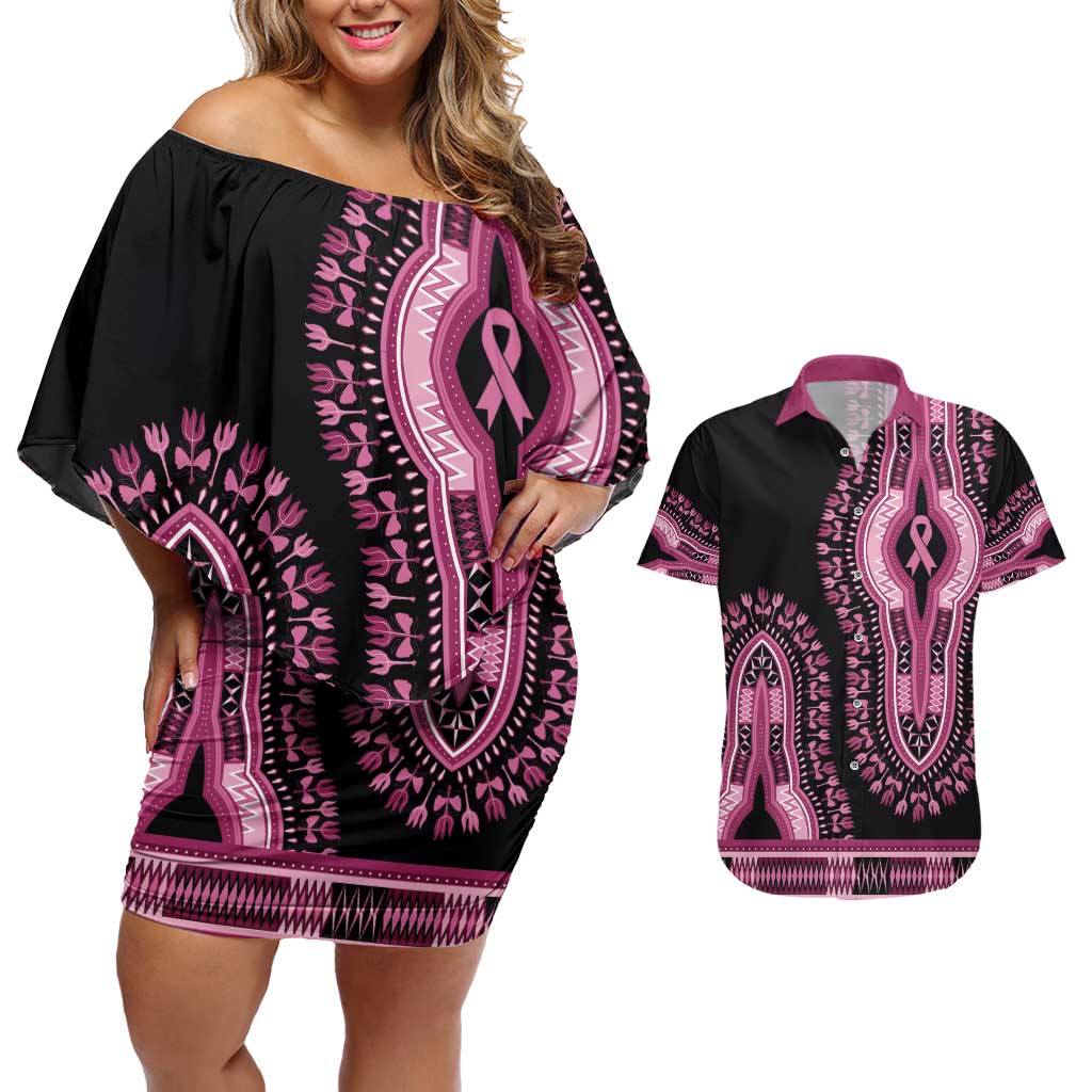 Breast Cancer Awareness Pink Ribbon Couples Matching Off Shoulder Short Dress and Hawaiian Shirt Dashiki Style - Wonder Print Shop