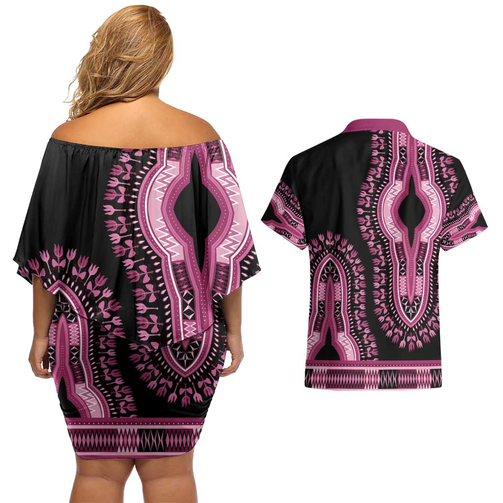 Breast Cancer Awareness Pink Ribbon Couples Matching Off Shoulder Short Dress and Hawaiian Shirt Dashiki Style - Wonder Print Shop