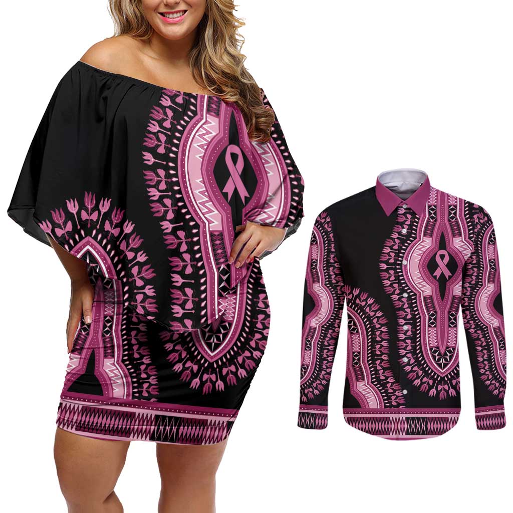 Breast Cancer Awareness Pink Ribbon Couples Matching Off Shoulder Short Dress and Long Sleeve Button Shirt Dashiki Style - Wonder Print Shop