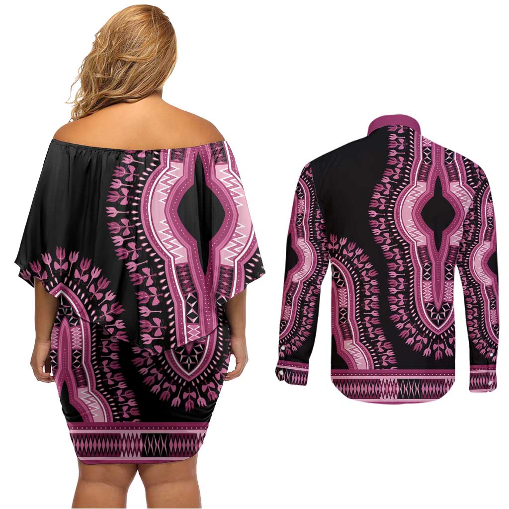 Breast Cancer Awareness Pink Ribbon Couples Matching Off Shoulder Short Dress and Long Sleeve Button Shirt Dashiki Style - Wonder Print Shop