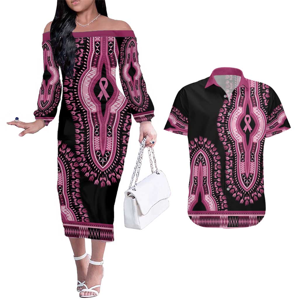 Breast Cancer Awareness Pink Ribbon Couples Matching Off The Shoulder Long Sleeve Dress and Hawaiian Shirt Dashiki Style - Wonder Print Shop