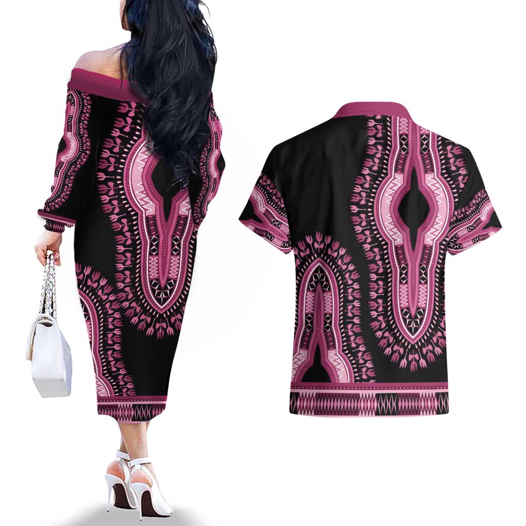 Breast Cancer Awareness Pink Ribbon Couples Matching Off The Shoulder Long Sleeve Dress and Hawaiian Shirt Dashiki Style - Wonder Print Shop