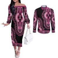 Breast Cancer Awareness Pink Ribbon Couples Matching Off The Shoulder Long Sleeve Dress and Long Sleeve Button Shirt Dashiki Style - Wonder Print Shop