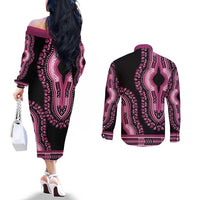 Breast Cancer Awareness Pink Ribbon Couples Matching Off The Shoulder Long Sleeve Dress and Long Sleeve Button Shirt Dashiki Style - Wonder Print Shop